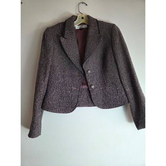 Tahari Brown w/Black Lace Trim Tweed Wool Blend Single Breasted Blazer size 4P - Picture 3 of 9